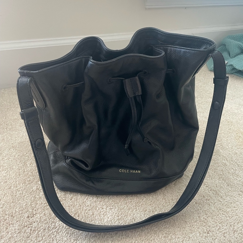 Cole Hann black leather bucket bag